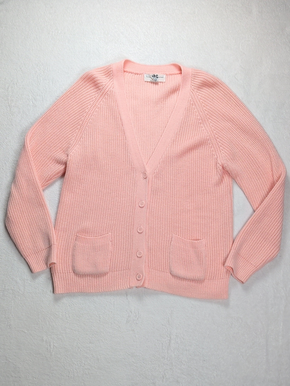 Vintage The Bay Pink Shaker Knit Button Front Pockets Cardigan Sz L